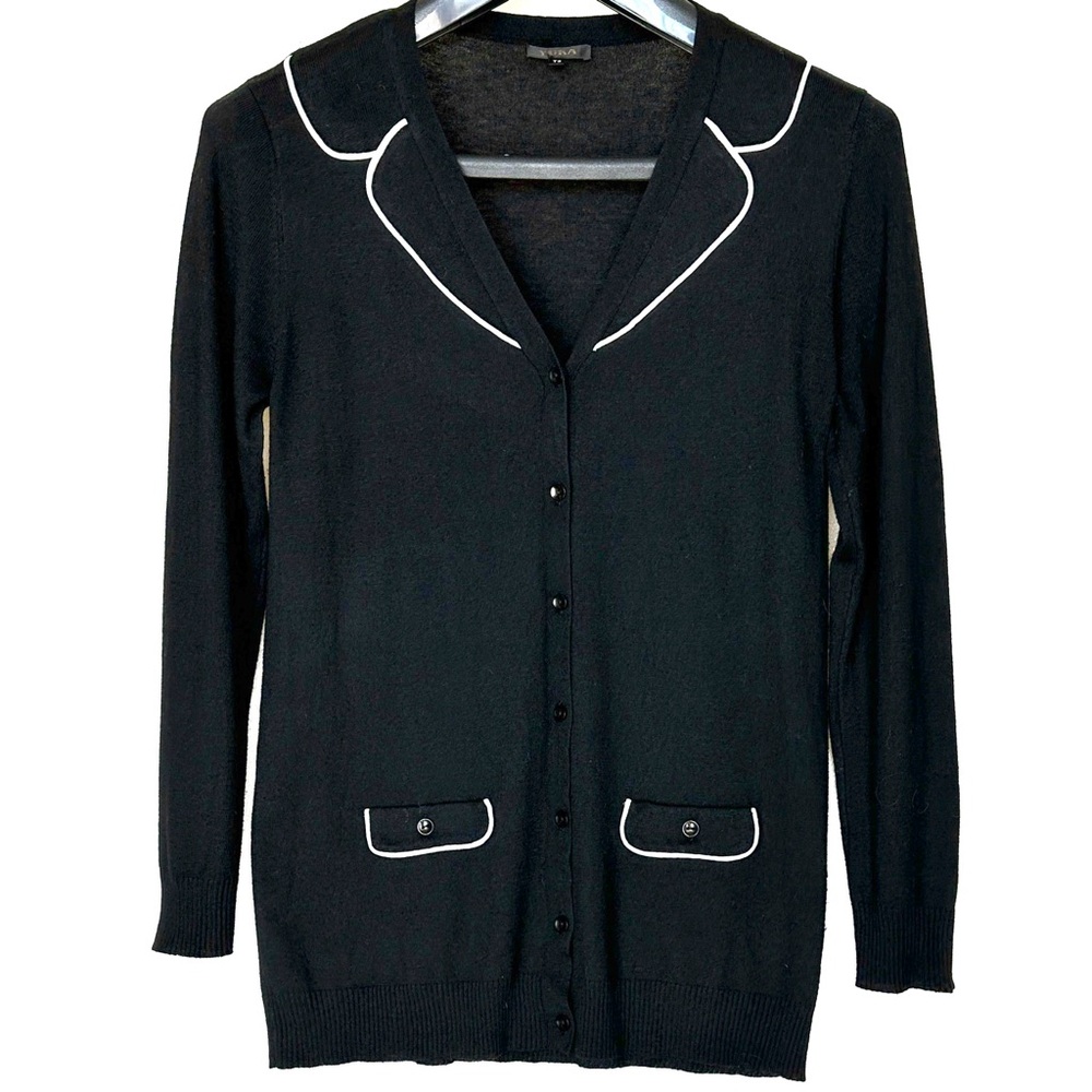 Elegant Black Cardigan with White Trim